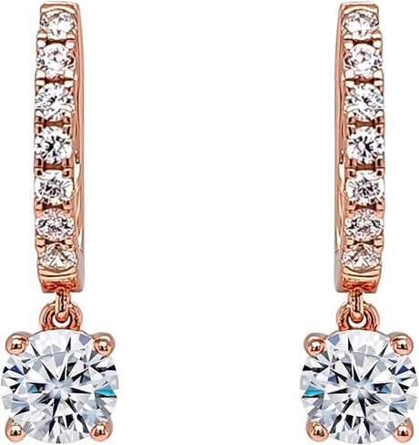 Central Diamond Center Sterling Silver Hoop Earrings with Round-Cut Simulated Diamond Dangle – 2.5 CTW CZ, Prong Set, Elegant Drop Hoops for Women