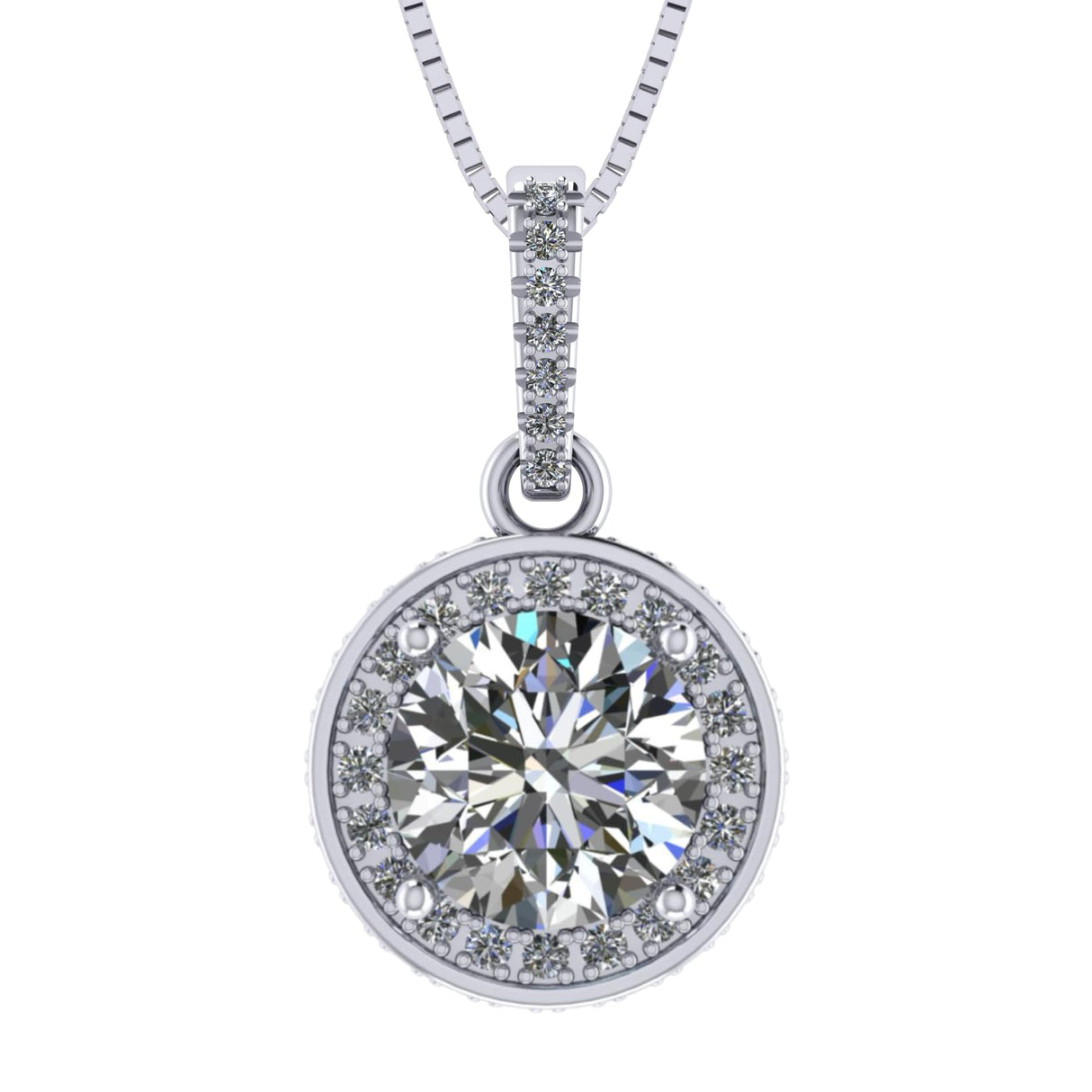 Round Simulated Diamond Solitaire Necklace/Pendant- Double Halo from 1 to 3 carat center- Sterling Silver