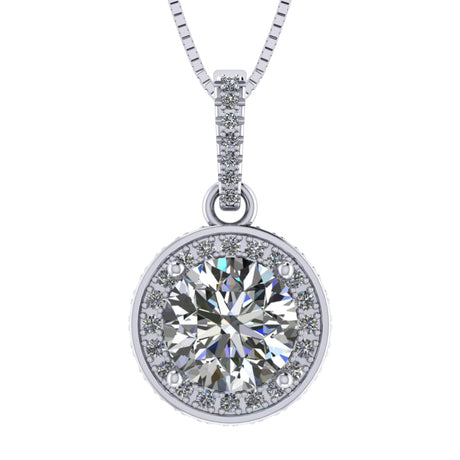Round Simulated Diamond Solitaire Necklace/Pendant- Double Halo from 1 to 3 carat center- Sterling Silver