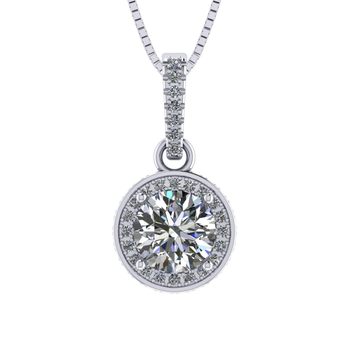 Round Simulated Diamond Solitaire Necklace/Pendant- Double Halo from 1 to 3 carat center- Sterling Silver