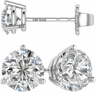14K Gold Post & Sterling Silver Pure Brilliance Zirconia 3 Prong Martini Style Stud Earrings 1.0ct to 4ct