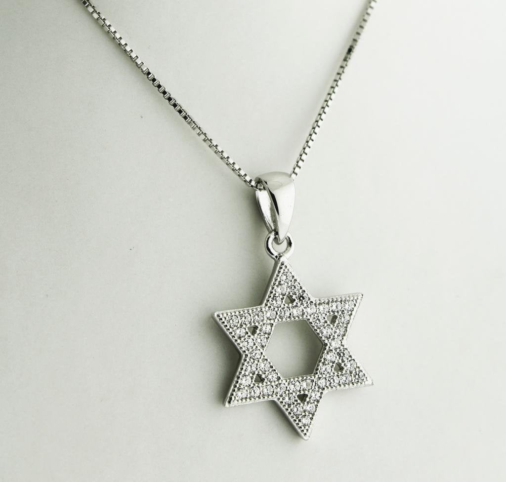 Central Diamond Center Star of David Pendant Sterling Silver and Pure Brilliance CZ w/Box Chain