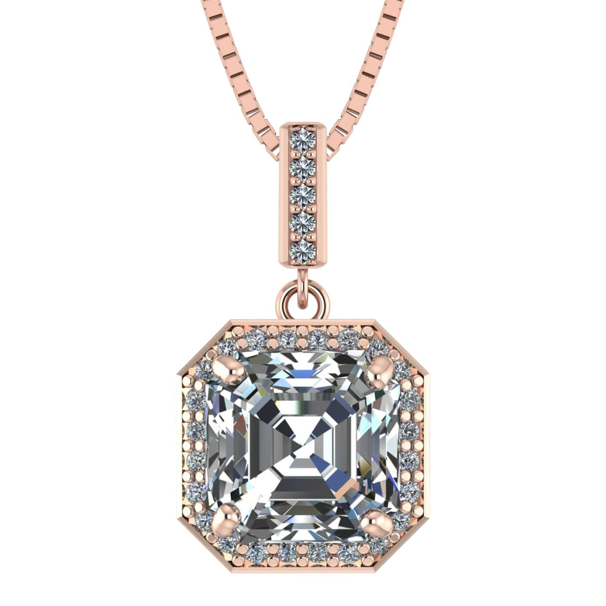 NANA Asscher Cut Halo CZ Simulated Diamond Solitaire Necklace Sterling Silver 7mm Zirconia Center Gemstone