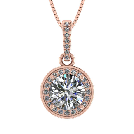 Round Simulated Diamond Solitaire Necklace/Pendant- Double Halo from 1 to 3 carat center- Sterling Silver
