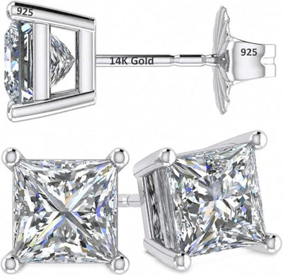 14K Gold Posts & Sterling Silver Princess Cut CZ Stud Earrings w/Pure Brilliance Zirconia, 1.50-4.00ctw