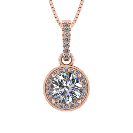 Round Simulated Diamond Solitaire Necklace/Pendant- Double Halo from 1 to 3 carat center- Sterling Silver