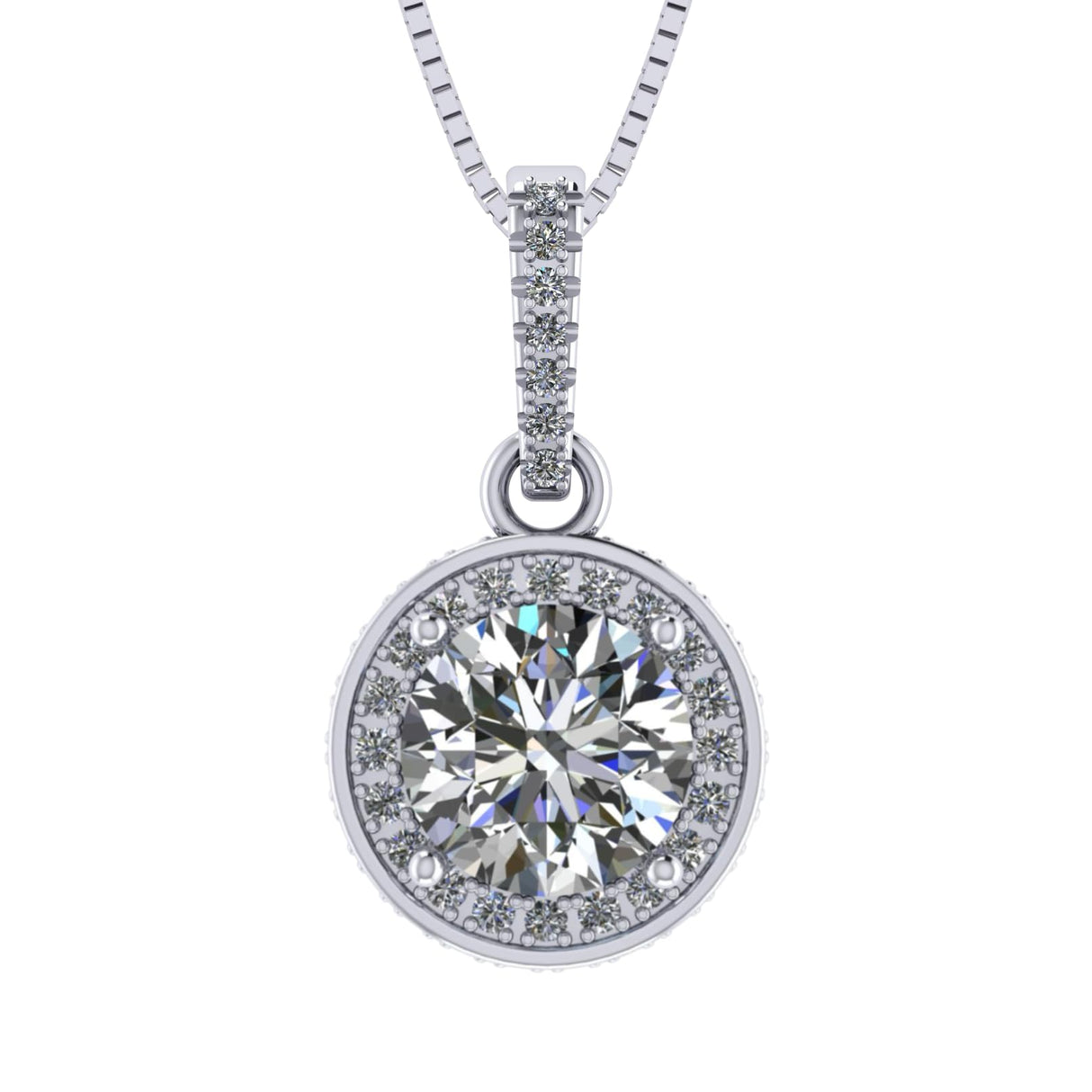 Round Simulated Diamond Solitaire Necklace/Pendant- Double Halo from 1 to 3 carat center- Sterling Silver