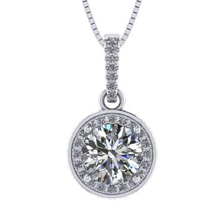Round Simulated Diamond Solitaire Necklace/Pendant- Double Halo from 1 to 3 carat center- Sterling Silver