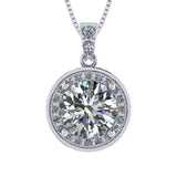 Round Simulated Diamond Solitaire Necklace/Pendant- Double Halo from 1 to 3 carat center- Sterling Silver