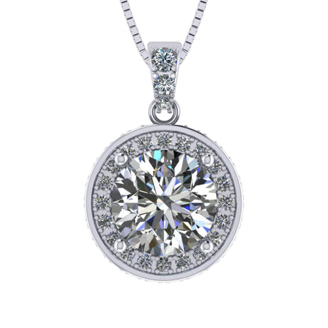 Round Simulated Diamond Solitaire Necklace/Pendant- Double Halo from 1 to 3 carat center- Sterling Silver