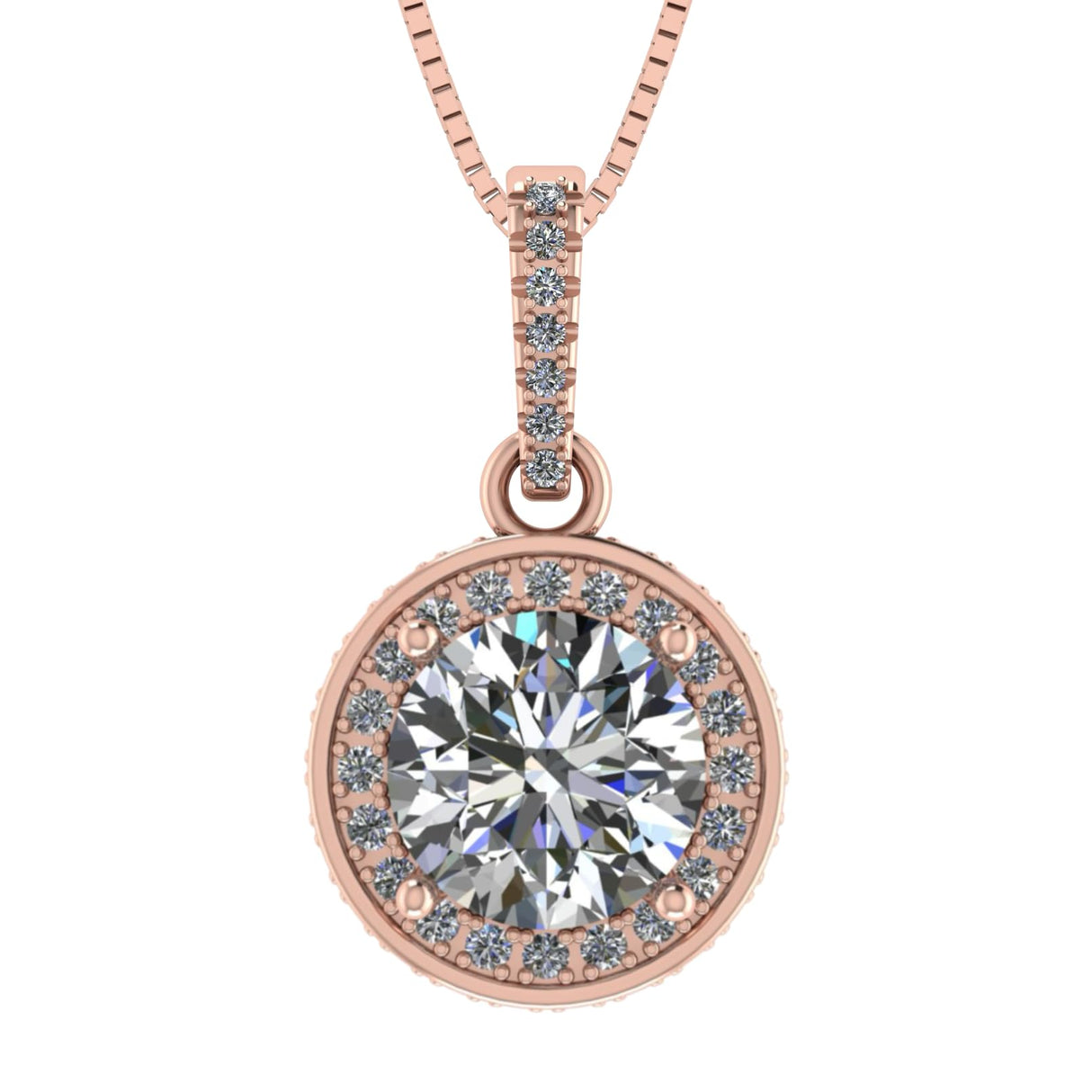 Round Simulated Diamond Solitaire Necklace/Pendant- Double Halo from 1 to 3 carat center- Sterling Silver