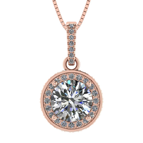 Round Simulated Diamond Solitaire Necklace/Pendant- Double Halo from 1 to 3 carat center- Sterling Silver