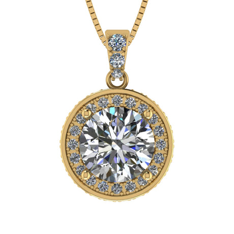 Round Simulated Diamond Solitaire Necklace/Pendant- Double Halo from 1 to 3 carat center- Sterling Silver