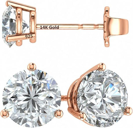 14K Gold Post & Sterling Silver Pure Brilliance Zirconia 3 Prong Martini Style Stud Earrings 1.0ct to 4ct