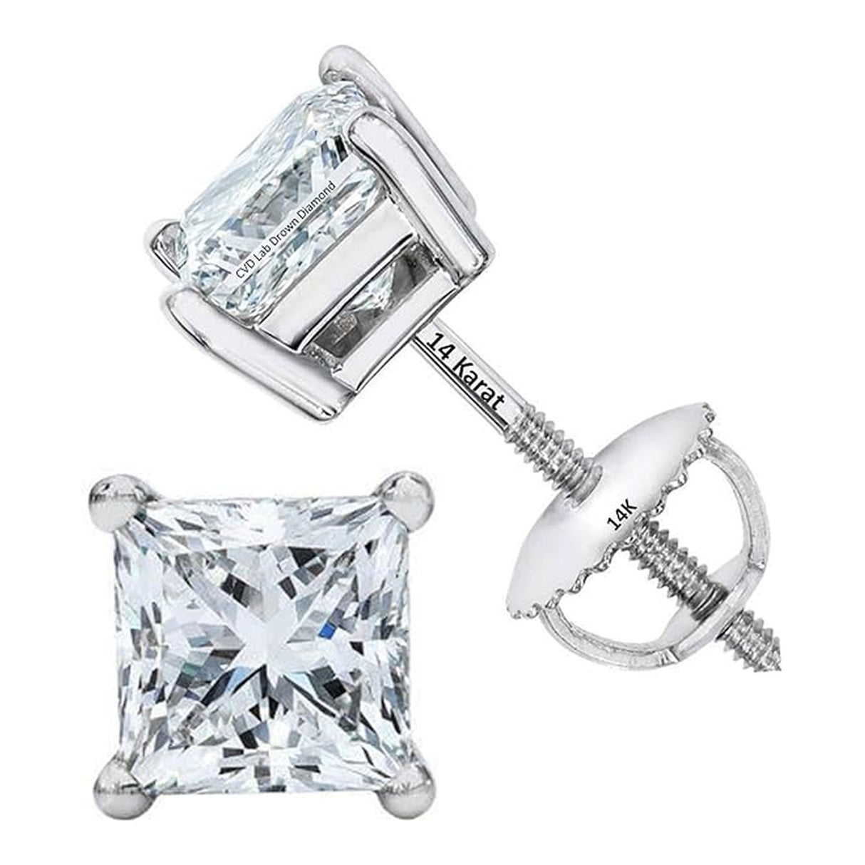 Central Diamond Center Princess Cut CVD Lab-grown Diamond Stud Earrings 14K solid Gold from 0.20ct to 2.00ct E-F VS-SI