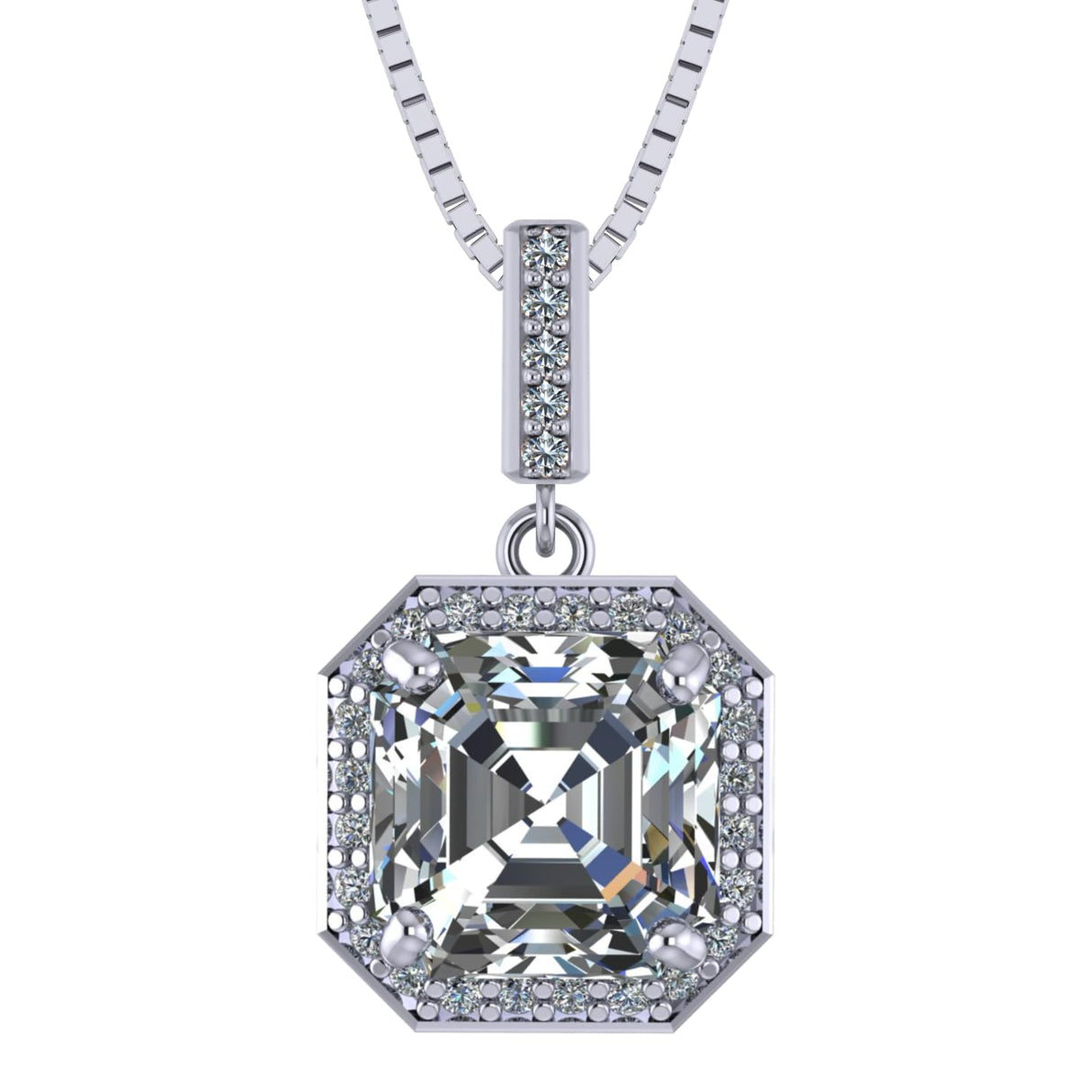 NANA Asscher Cut Halo CZ Simulated Diamond Solitaire Necklace Sterling Silver 7mm Zirconia Center Gemstone