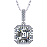 NANA Asscher Cut Halo CZ Simulated Diamond Solitaire Necklace Sterling Silver 7mm Zirconia Center Gemstone