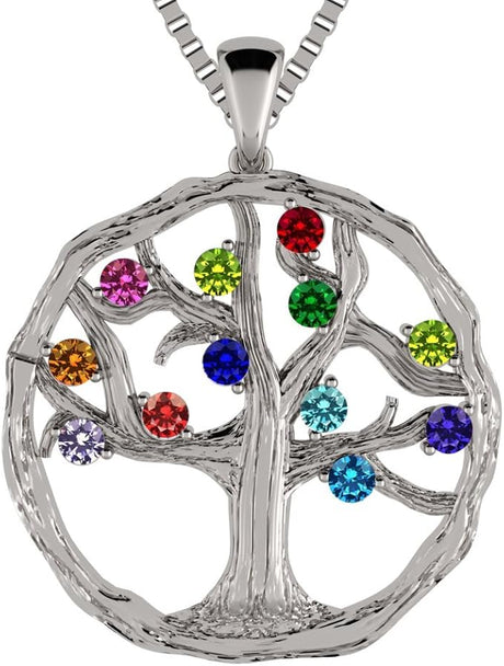 Central Diamond Center Tree of Life Mothers Birthstone Necklace in Silver-10K or 14K Gold. Up to 12stones