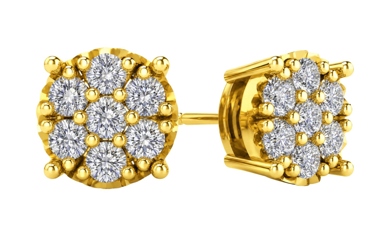 Diamond Stud Earrings CVD Lab Grown Diamonds solid 14K post & Silver basket, 7 or 9 Stone Cluster