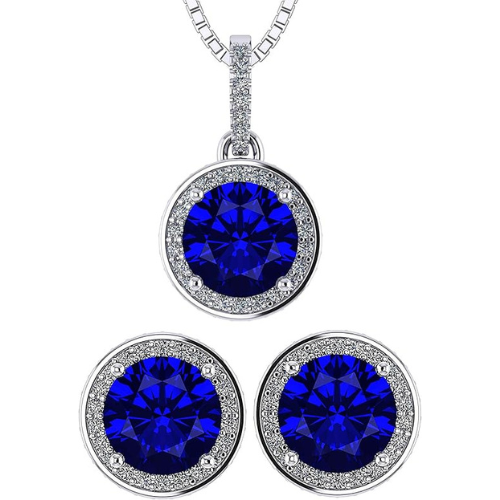 Central Diamond Center Round Halo Earring & Necklace Set w/ 6.5mm Simulated Birthstones in 925 Sterling Silver, Hypoallergenic