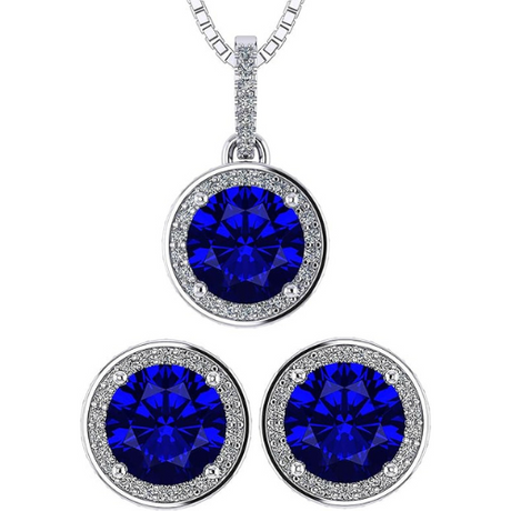Central Diamond Center Round Halo Earring & Necklace Set w/ 6.5mm Simulated Birthstones in 925 Sterling Silver, Hypoallergenic