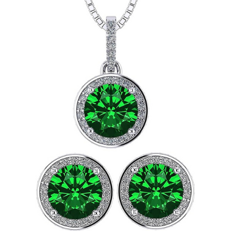 Central Diamond Center Round Halo Earring & Necklace Set w/ 6.5mm Simulated Birthstones in 925 Sterling Silver, Hypoallergenic