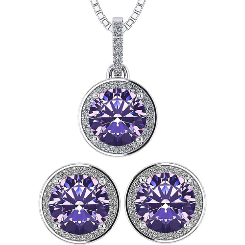 Central Diamond Center Round Halo Earring & Necklace Set w/ 6.5mm Simulated Birthstones in 925 Sterling Silver, Hypoallergenic
