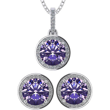 Central Diamond Center Round Halo Earring & Necklace Set w/ 6.5mm Simulated Birthstones in 925 Sterling Silver, Hypoallergenic