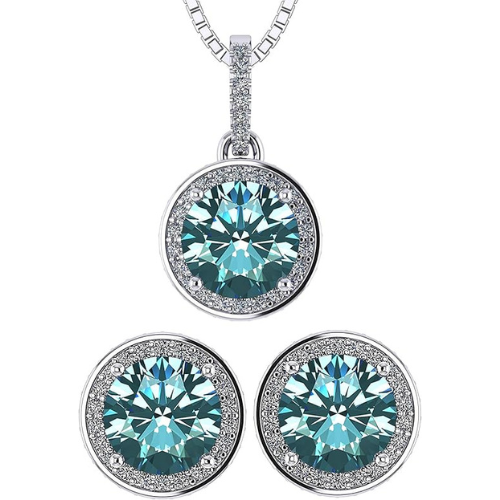 Central Diamond Center Round Halo Earring & Necklace Set w/ 6.5mm Simulated Birthstones in 925 Sterling Silver, Hypoallergenic