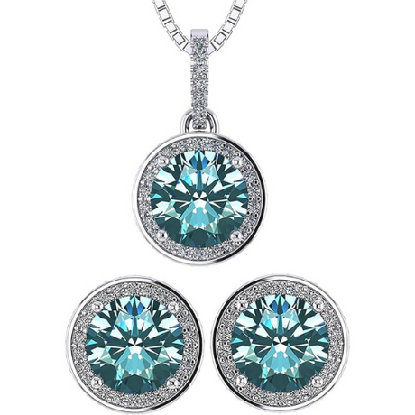Central Diamond Center Round Halo Earring & Necklace Set w/ 6.5mm Simulated Birthstones in 925 Sterling Silver, Hypoallergenic