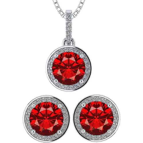 Central Diamond Center Round Halo Earring & Necklace Set w/ 6.5mm Simulated Birthstones in 925 Sterling Silver, Hypoallergenic
