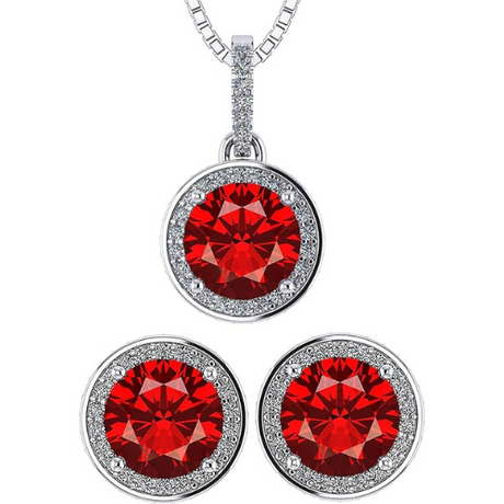 Central Diamond Center Round Halo Earring & Necklace Set w/ 6.5mm Simulated Birthstones in 925 Sterling Silver, Hypoallergenic