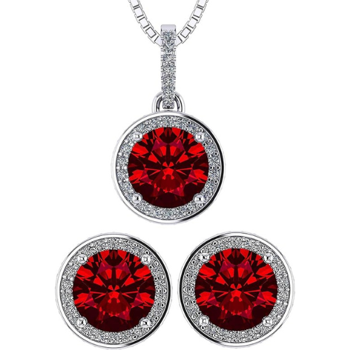 Central Diamond Center Round Halo Earring & Necklace Set w/ 6.5mm Simulated Birthstones in 925 Sterling Silver, Hypoallergenic