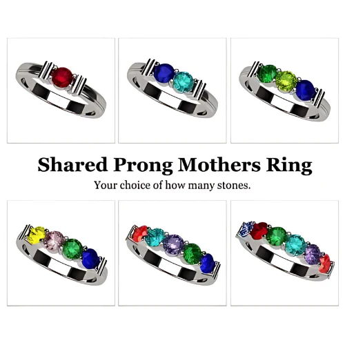 Central Diamond Center Shared Prong Mothers Birthstone Family Ring w/ 1 to 6 Simulated Gemstones in Sterling Silver, 10K or 14K Gold
