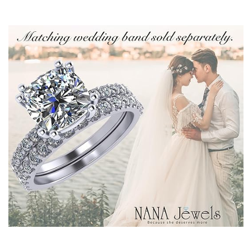 NANA Jewels 1.5-3CT Platinum Plated Sterling Silver Rings CZ Cubic Zirconia Cushion Cut Engagement Rings | 10K 14K Solid Gold