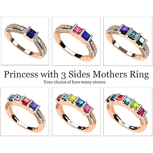 Central Diamond Center Princess Mothers Birthstone Ring w/Accent CZs on 3 Sides w/1-6 Simulated Gemstones in Silver, 10K or 14K Gold