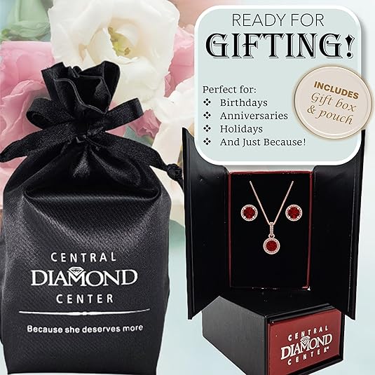 Central Diamond Center Round Halo Earring & Necklace Set w/ 6.5mm Simulated Birthstones in 925 Sterling Silver, Hypoallergenic