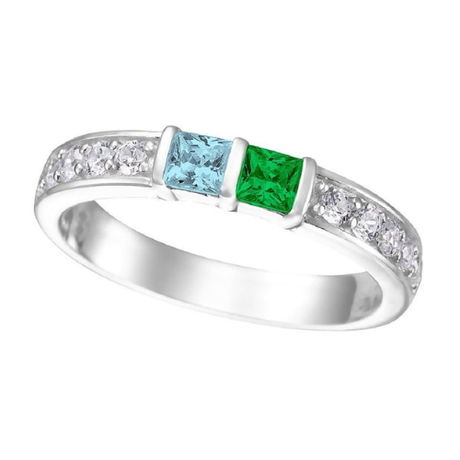 Central Diamond Center Princess w/ Side CZ Couples 2 Stone Ring w/ Simulated Birthstones in Silver 10K or 14K Gold