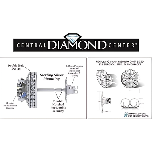 Central Diamond Center Halo Earring & Necklace Set, Solid Sterling Silver w/Pure Brilliance Zirconia - Hypoallergenic