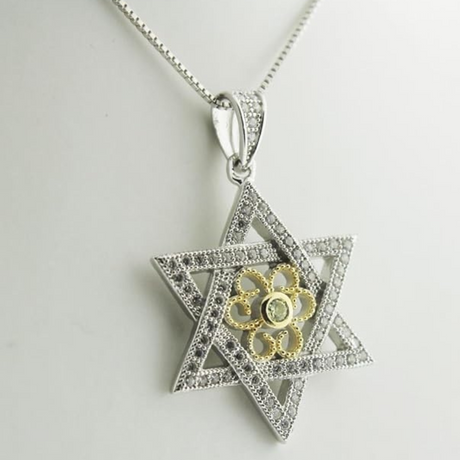 Central Diamond Center Star of David Pendant Sterling Silver and Pure Brilliance CZ w/Box Chain