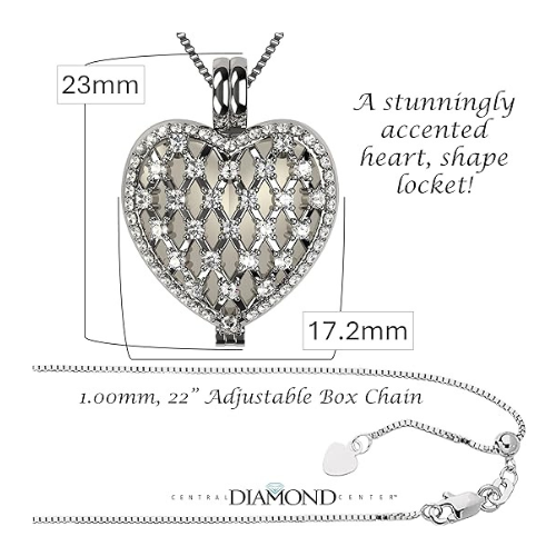 Central Diamond Center Heart of Hearts Birthstone Locket Necklace Pendant in Sterling Silver & Mother of Pearl