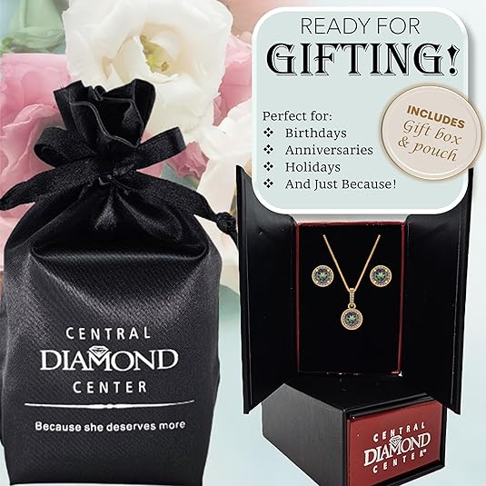 Central Diamond Center Round Halo Earring & Necklace Set w/ 6.5mm Simulated Birthstones in 925 Sterling Silver, Hypoallergenic