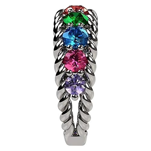 Central Diamond Center Rope Mothers Birthstone Ring with 1 to 10 Simulated Birthstones, Sterling Silver, 10K or 14K Gold