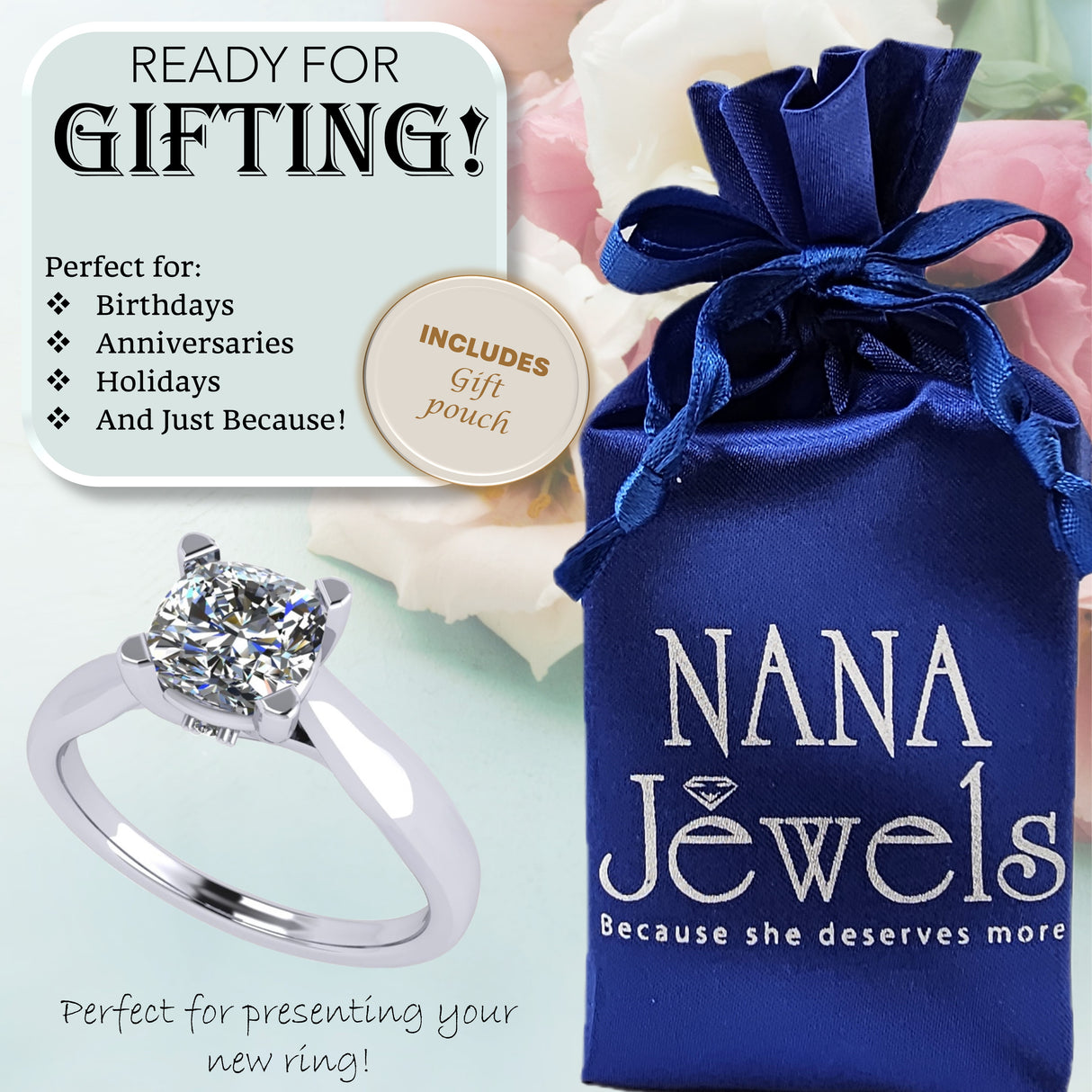 NANA Jewels 1to4ct Simulated Diamond Engagement ring Cushion Solitaire Lucita Cz & Silver