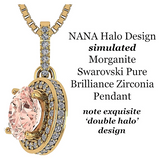 Model wearing a round pink morganite pendant.