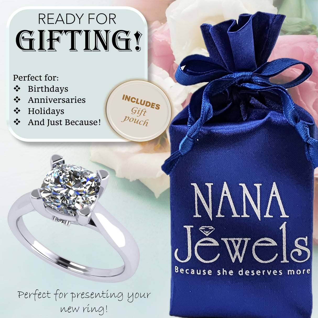 NANA Jewels 1to4ct Simulated Diamond Engagement ring Cushion Solitaire Lucita Cz & Silver