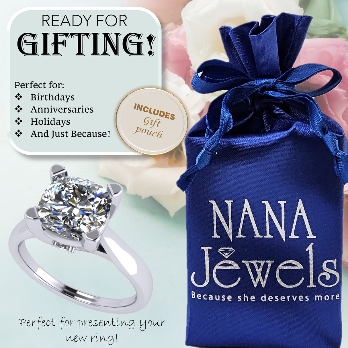 NANA Jewels 1to4ct Simulated Diamond Engagement ring Cushion Solitaire Lucita Cz & Silver