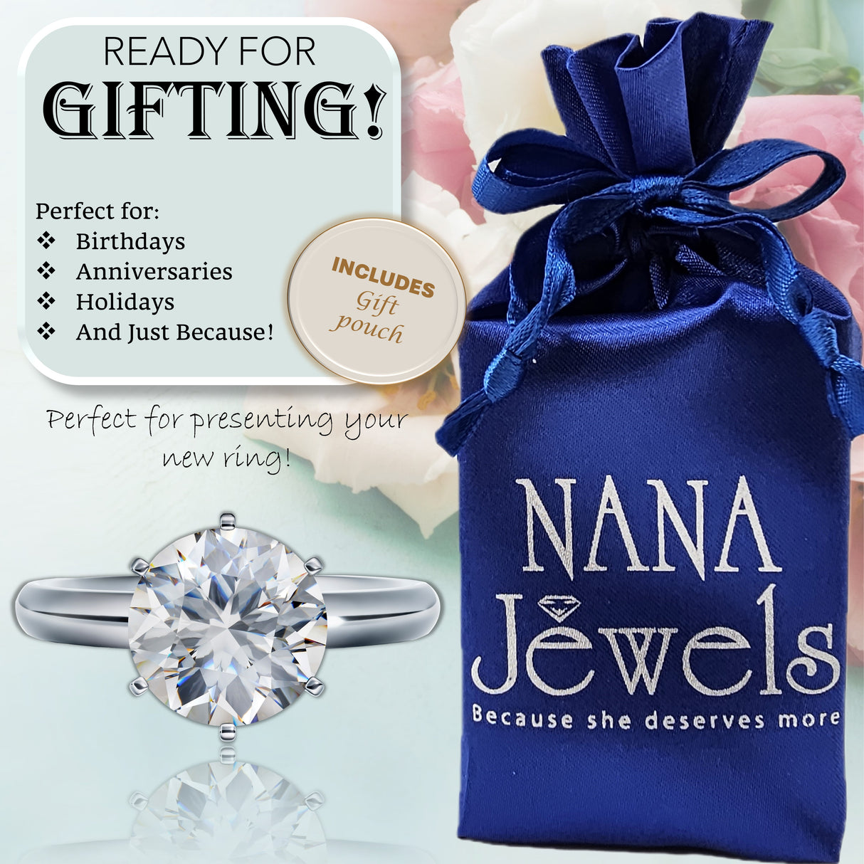 NANA Jewels Matrix Simulated Diamond Engagement Ring Solitaire 1 to 4 carat in Silver 10k & 14k Gold