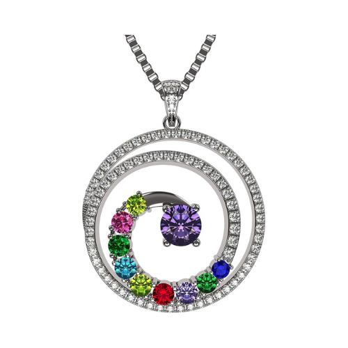Central Diamond Center Swirl Birthstone Mothers Necklace w/ 1 to 9 Simulated Gemstones in Silver, 10K, or 14K Gold For Women