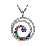 Central Diamond Center Swirl Birthstone Mothers Necklace w/ 1 to 9 Simulated Gemstones in Silver, 10K, or 14K Gold For Women